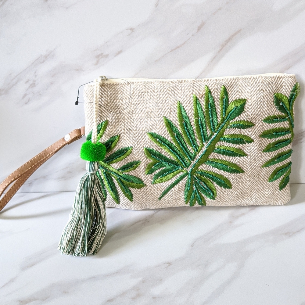 Embroidered Beaded Palm Leaf Boho Wristlet Clutch - Picture 6 of 9
